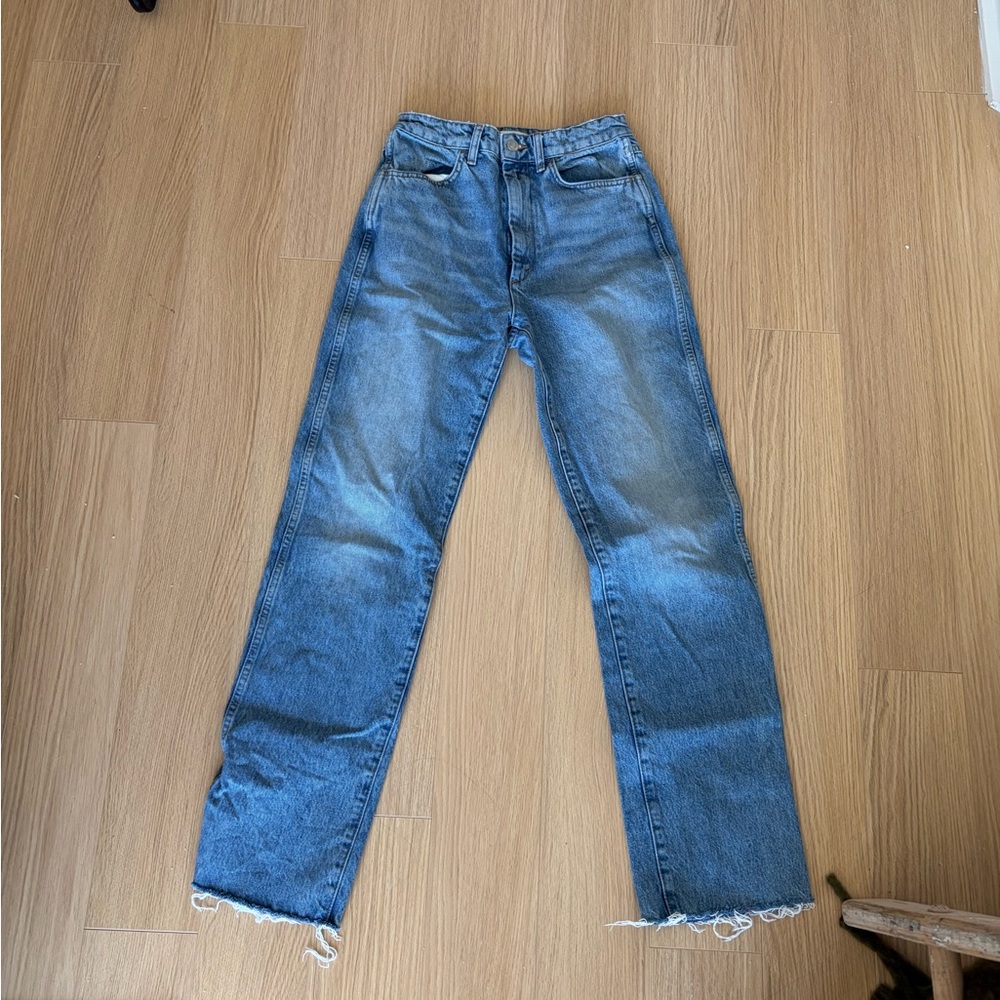Re/Done Men's Light Blue Straight Jeans with Frayed Hem